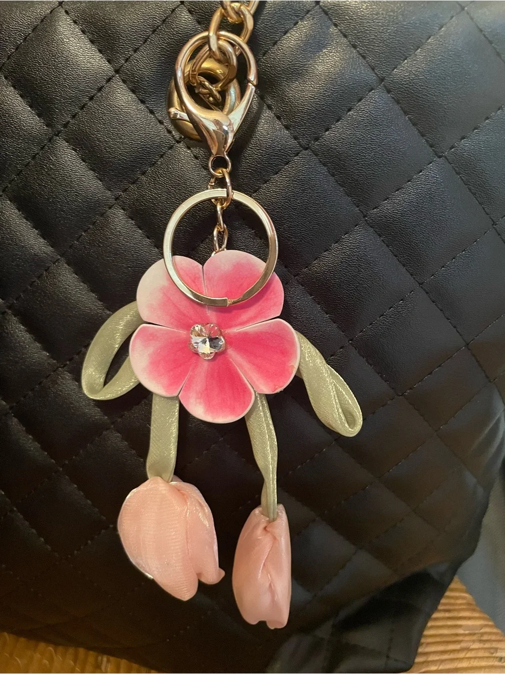 Mint Pink Flower Key & Card Holder Charm with Pale Green Accents